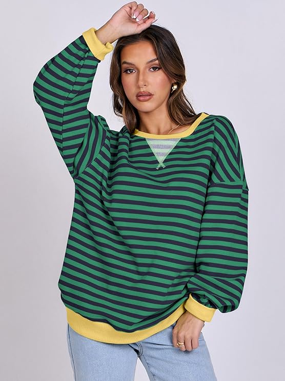  Best ANRABESS Women Striped Sweatshirt Long Sleeve Shirts: Crewneck Oversized Casual Pullover Top for 2024 Fall Fashion