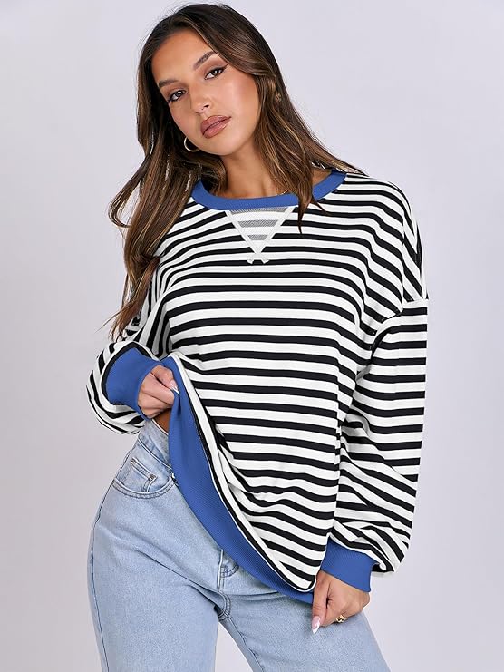 Title: Best ANRABESS Women Striped Sweatshirt Long Sleeve Shirts: Crewneck Oversized Casual Pullover Top for 2024 Fall Fashion